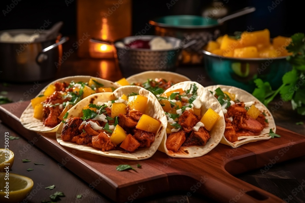 Tacos al pastor mexican traditional dish on wooden board. Created with