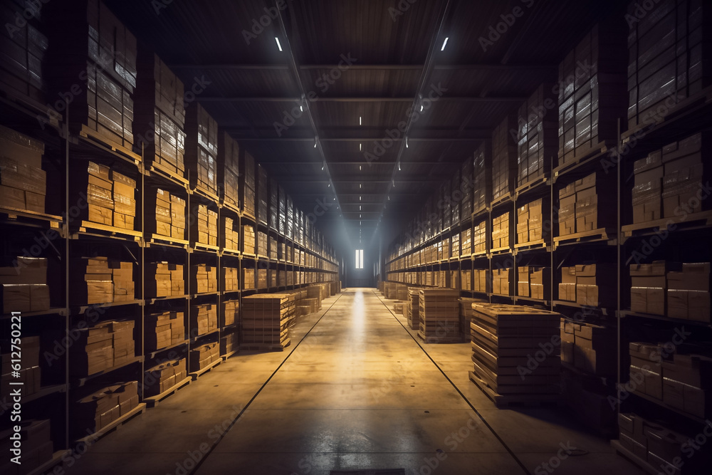 the enchanting allure of a spotless indoor warehouse, where a combination of low ambient light and gentle sunlight pouring in from the windows creates a serene and inviting environment. Generative AI.