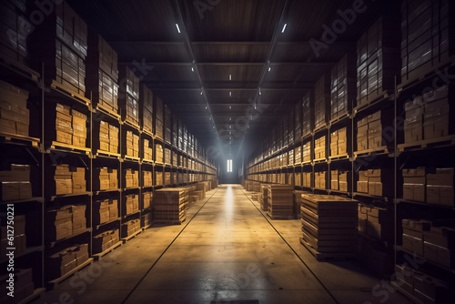the enchanting allure of a spotless indoor warehouse, where a combination of low ambient light and gentle sunlight pouring in from the windows creates a serene and inviting environment. Generative AI. © Surachetsh