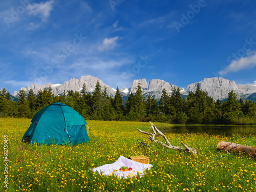 Ein Zelt und eine Picknickdecke mit einem Wald und Bergen im Hintergrund