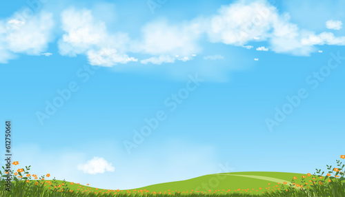 Nature Spring Countryside Landscape,Green Field,Cloud,Summer Sky,Natural Horizon rural scene with green meadow and flower on hills in Sunny day,Banner for Eater, Environment day background