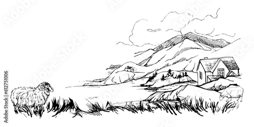 Ink hand drawn sketch vector illustration. Landscape scenery of highlands countryside nature. Hills, lake, sheep. Horizontal banner composition. Design for travel, tourism, brochure, print, wall art