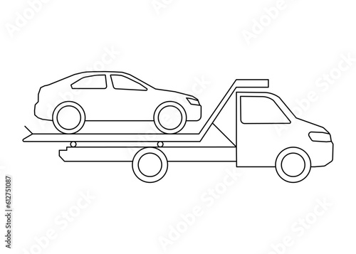 Tow truck service, line art icon. Wrecker transporting crashed passenger car, help accident of transport of brocken vehicle. Vector outline