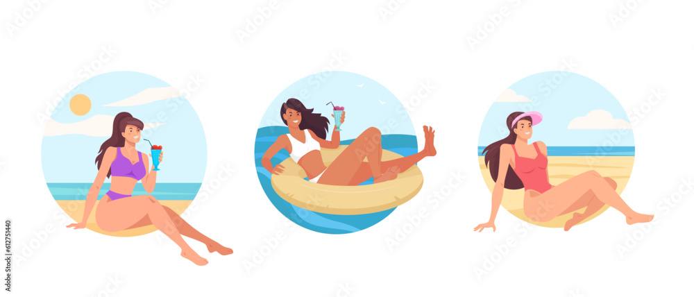 Set of beautiful girls in bikini relaxing and sunbathe on the beach