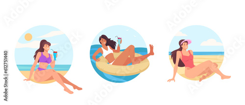 Set of beautiful girls in bikini relaxing and sunbathe on the beach