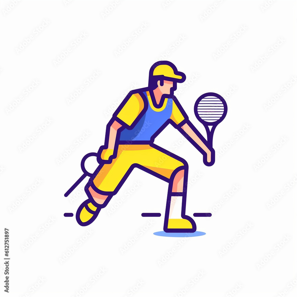 A modern line art style icon of [tennis], featuring a tennis player and a racket. The icon, detailed with bold outlines and solid colors created with generative AI software