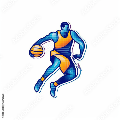  A basketball-inspired icon represented in a modern line art style. The design, detailed with bold outlines and solid colors, showcases a [basketball player] and a ball created with generative AI soft © PpNutthanon