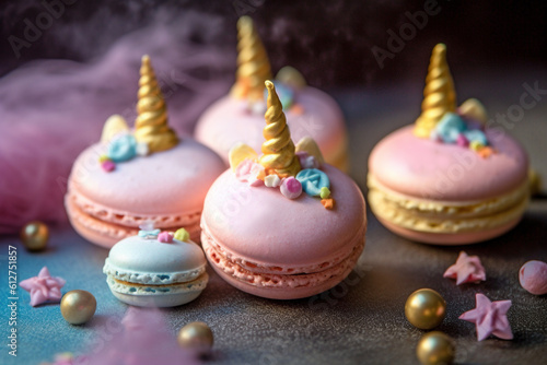 Cute French macaron sweets with unicorn horns. Generative AI illustration