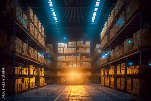 Wallpaper Mural the futuristic ambiance of a pristine warehouse, where a perfect balance of low light and sunlight creates a captivating atmosphere.  generative AI. Torontodigital.ca