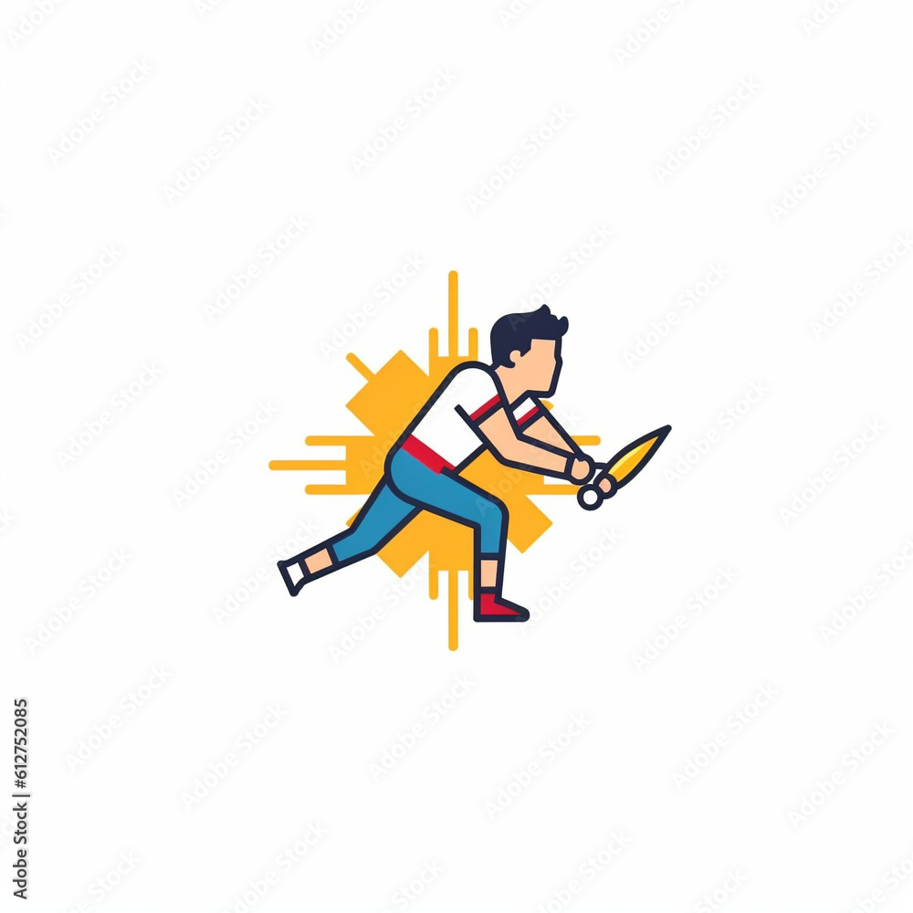  An icon illustrating [badminton] action, rendered in a modern line art style. The design, detailed with bold outlines and solid colors created with generative AI software