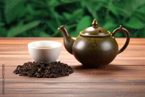 Green tea and teapot on wood table. Photo generative AI
