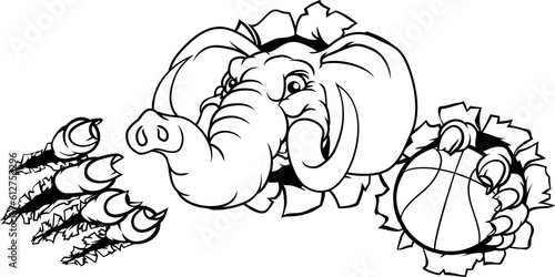 An elephant basketball sports animal mascot holding a ball and breaking through the background