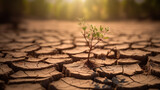 Plant growing on cracked soil, global warming concept, nature background