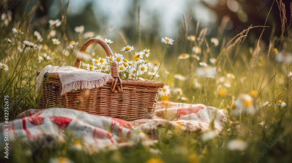 Old wicker picnic basket on a meadow with daisies