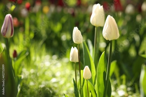 Beautiful white tulips growing outdoors on sunny day, closeup