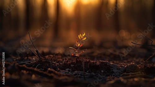 Young sprout growing on cracked soil in the forest at sunset.