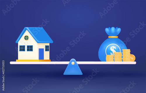 Real estate property investment or insurance. Vector 3d model of a house and a bag of money balance on a seesaw