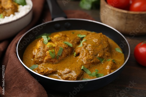Delicious chicken with curry sauce served on wooden table, closeup