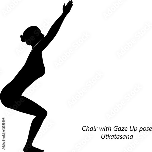 Flat black silhouette of young woman practicing yoga, doing Chair with Gaze Up pose. Utkatasana. Standing and Balancing. Beginner. Vector illustration isolated on transparent background.