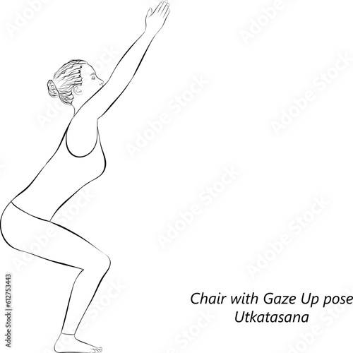 Sketch of young woman practicing yoga, doing Chair with Gaze Up pose. Utkatasana. Standing and Balancing. Beginner. Vector illustration isolated on transparent background.