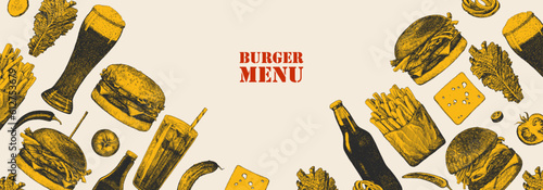 Burger Menu. Hand-drawn illustration of dishes and products. Ink. Vector 
