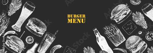 Burger Menu. Hand-drawn illustration of dishes and products. Ink. Vector 
