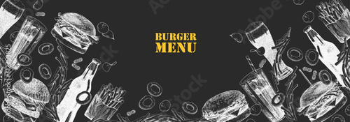 Burger Menu. Hand-drawn illustration of dishes and products. Ink. Vector 