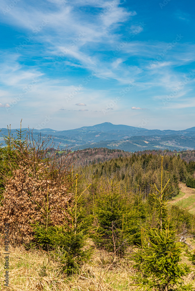 Lysa hora hill in Moravskoslezske Beskydy mountains from Jakubovsky vrch hill in Javorniky mountains in Slovakia