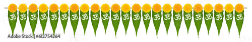 Traditional Indian floral garland with marigold flowers and om, aum sign mango leaves. Decoration for Indian hindu events, festivals wreath.