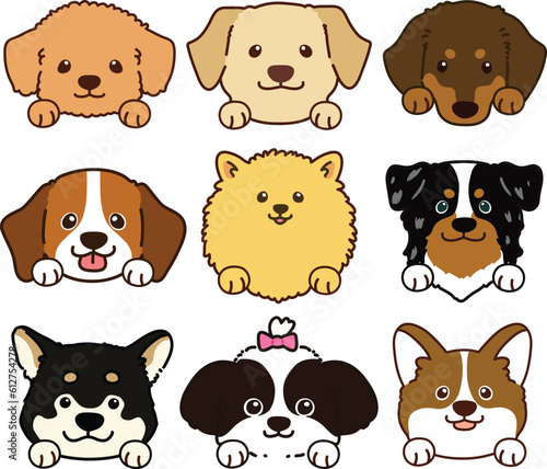 Set of outlined cute and simple dog heads with front paws