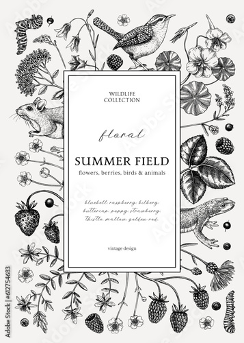 Retro style floral wreath design. Vintage summer background. Wildlife sketches. Wildflowers botanical illustration. Hand-drawn field flowers, birds, and animals for wedding invitation, decoration