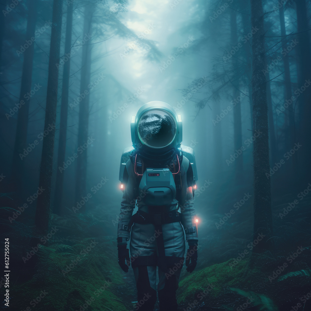 An astronaut in the forest. Background, suitable for T-shirts, posters, postcards and books. Sci fi and fantasy concept. Generate ai. An astronaut in the forest. Background, suitable for T-shirts, posters, postcards and books. Sci fi and fantasy concept. Generate ai.