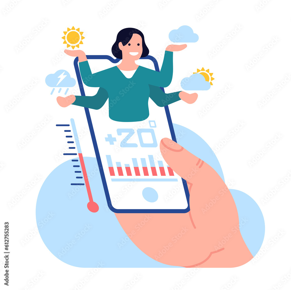 Fototapeta premium Online weather forecast. Modern smartphone application. Mobile technology. Meteorologist report. Sun or cloud prediction. Meteorology phone app. Temperature measurement. png concept