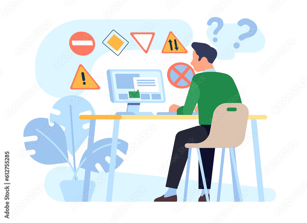Man takes his driving test while sitting behind computer screen. Guy choosing answer in questionnaire. Student at table. Web examination. Person solving quiz. png e-learning concept
