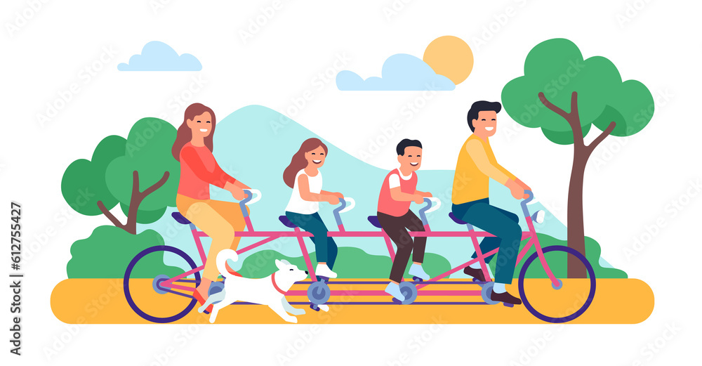 Joyful family rides together on tandem. Parents and kids on bicycle. City transportation. Young people walking with dog in park. Couple and children biking in nature. png concept