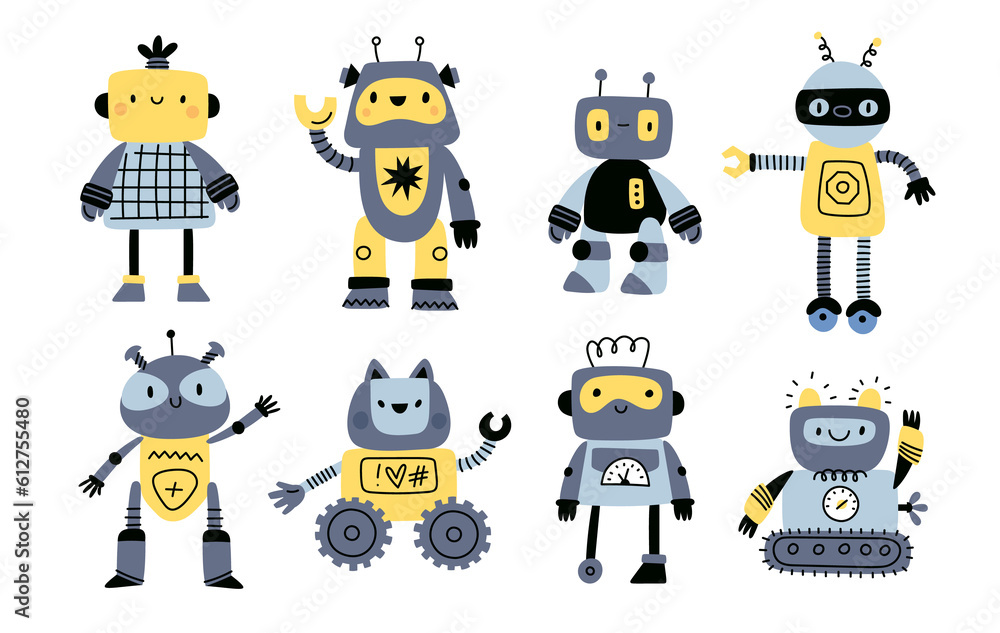 Robot characters. Different cyborg assistants assembled from elements kit. Cartoon kids androids. AI technologies. Artificial humanoids. Garish png isolated robotic machines set