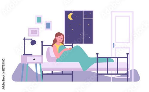 Young woman suffers from insomnia. Sleepy girl can not sleep. Asleep disorder. Unhappy person lying in bed. Problem with slumber. Nighttime resting. Dream deprivation. png concept
