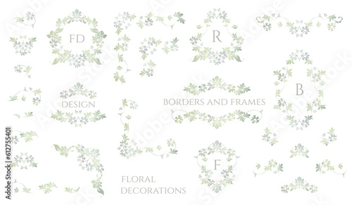 Green floral decor set. Silhouette drawing of flowers and leaves. Vintage frame, border, corner and frame monogram.