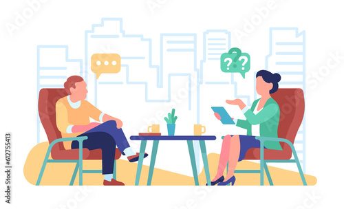 Internet broadcast where journalist interviews famous person. Man and woman sitting in armchairs. People discussion streaming. Conversation between guest and TV presenter. png concept