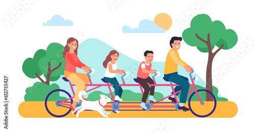 Joyful family rides together on tandem. Parents and kids on bicycle. City transportation. Young people walking with dog in park. Couple and children biking in nature. png concept © VectorBum