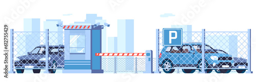 Paid guarded parking for cars with security booth and surveillance cameras. Pass entrance gate. Secure checkpoint. Automobile transportation. Commercial outdoor garage. png concept photo
