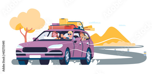 Summer travel by car. Family auto vacation. Road trip. Holiday transport driving. Baggage on vehicle roof. Automobile tourism. Adventure journey. Parents with children. png concept