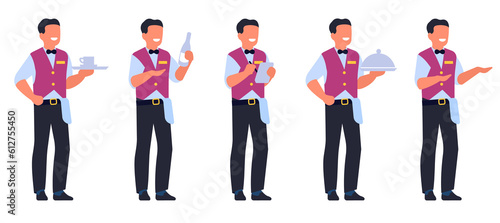 Waiter character. Restaurant employee. Headwaiter or sommelier. Man in cafe uniform. Male holding menu and wine bottle. Person carrying cup on tray. png catering workers poses set