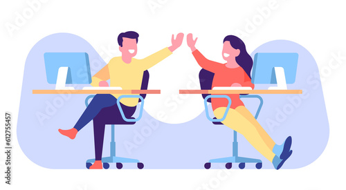 Office workers high five each other as sign of teamwork. People working together. Man and woman sitting at tables. Employees collaboration. Professional cooperation. png concept