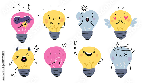 Cartoon light bulbs characters. Glowing and broken lamps with funny faces. Idea symbol. Invention and brainstorming emoticons. Sad or happy lightbulbs. Garish png smiling mascots set