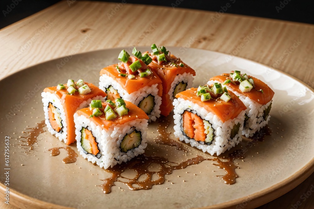 sushi roll with salmon, cucumber and cream cheese on a plate. sushi roll with salmon, cucumber and cream cheese on a plate.