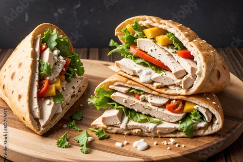 Tasty pita bread with chicken and vegetables on a wooden board.