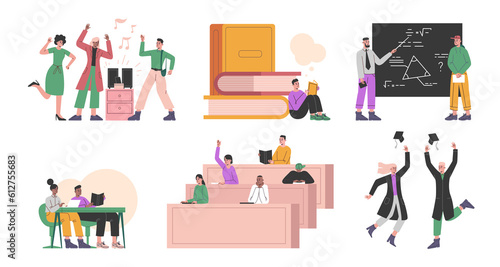 Student life scenes. Guys and girls at lecture in audience. Educational process. Relax or study. Graduates rejoice. Woman reading books. Man learning math. png university education set