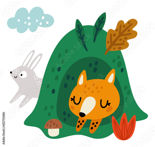Cute fox. Orange vixen sleeping in burrow. Cartoon forest wildlife character. Woodland fauna. Hare at meadow. Wild animals. Vulpes predator dream. Napping mammals. png illustration
