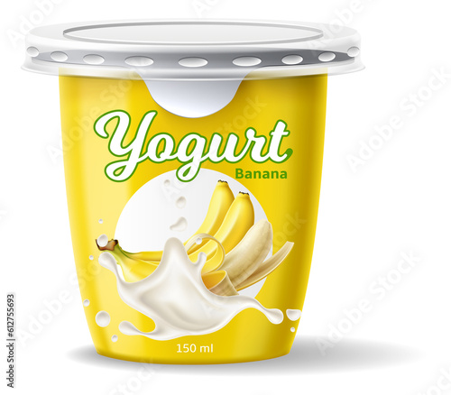 Yogurt package design. Dairy product. Juicy yellow banana. Closed jar for fermented milk food. Healthy snack. Natural flavor. Cream dessert container mockup. png plastic 3D packaging
